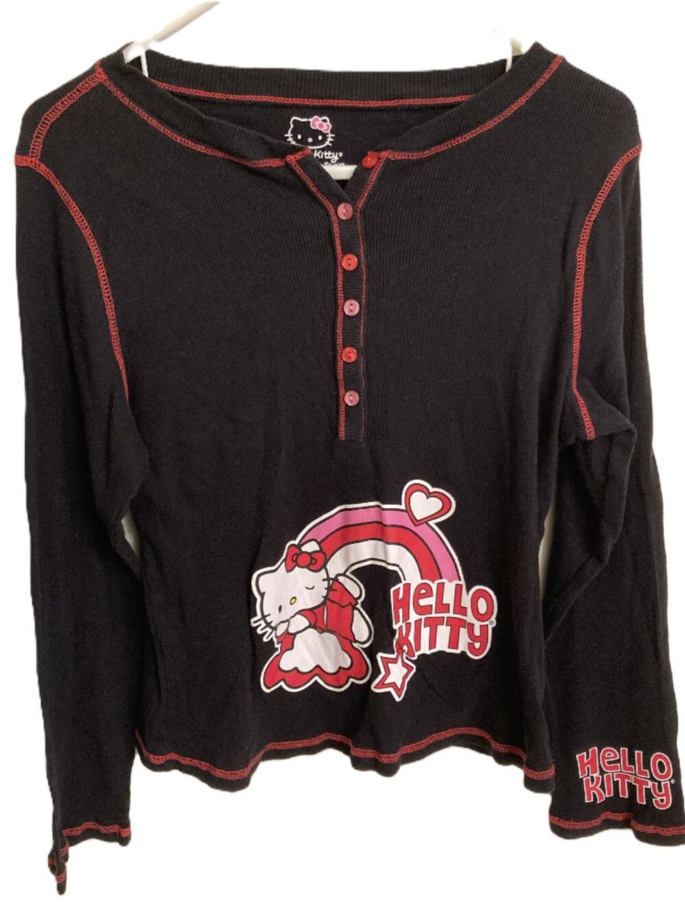 Sanrio Hello Kitty Women's Black & Red Rainbow Ribbed Long Sleeve Shirt Sz L
